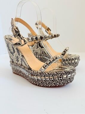 Christian Louboutin Pyraclou 110 Natural Python Stud Wedge Espadrille Sandals 41